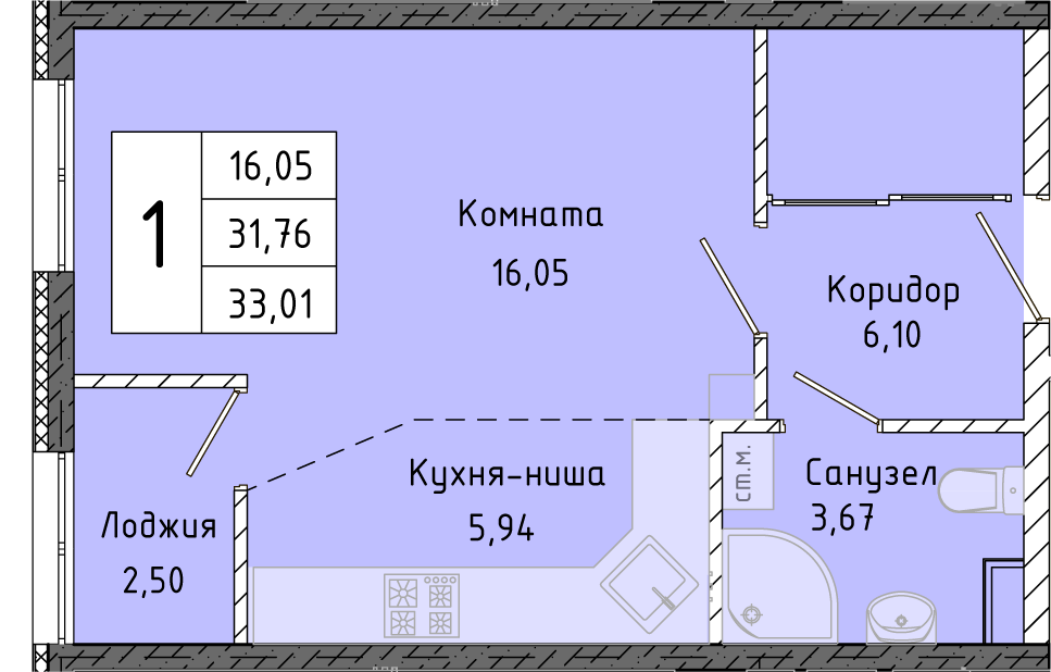 Студия №5 в Жилой комплекс "Партенит Парк" — планировка